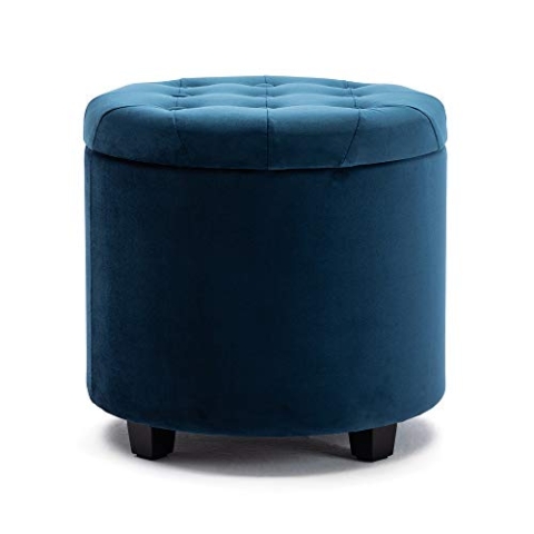 HNNHOME Sitzhocker mit Stauraum, Sitzwürfel mit Deckel, Sitztruhe, Fußbank Truhen Aufbewahrungsbox, Wolken Samt, 45 cm runder Massivholz, 45 L, 45 x 45 x 43 cm (Marineblau, Samt)
