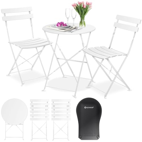 KESSER® Bistroset 3-teilig | Bistrotisch 2 klappbare Stühle Balkonset Balkonmöbel Klapp-Möbel Gartenset Sitzgarnitur Gartengarnitur Gartenmöbel Sitzgruppe Metall | Gartentisch mit Abdeckung Weiß