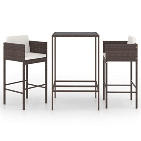 vidaXL Gartenbar Set 3-TLG. mit Kissen Theke Bar Tresen Gartentheke Bartisch Stehtisch Barhocker Barstuhl Gartenmöbel Poly Rattan Braun