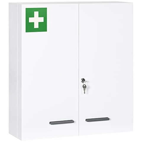 kleankin Medizinschrank, 2-türiger Medikamentenschrank, Abschließbarer Arzneischrank mit 6 Einlegeböden, Erste Hilfe Schrank für Medikamente und Verbandszeug, Stahl, Weiß, 55 x 18 x 60 cm
