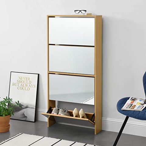 [en.casa] Schuhkipper Vogar Schuhschrank mit 4 Klappen verspiegelt Schuhkommode für 12 Paar Schuhe 134 x 63 x 17 cm Schuhaufbewahrung Eichenoptik