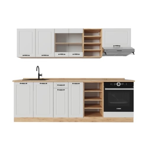 Vicco Küchenzeile R-Line, Weiß Landhaus/Goldkraft Eiche, 240 cm ohne Arbeitsplatte