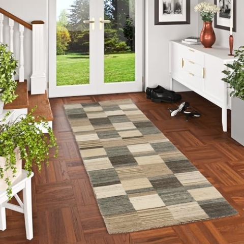 Pergamon Natur Teppich Läufer Gabbeh Esta Grau Beige Trend - Wollteppich für Flur und Diele - Handgewebt, Weich, Langlebig - Klassisches Design