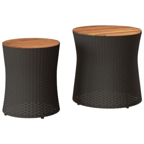 vidaXL Garten Beistelltisch 2 STK., Tisch mit Holzplatte, Gartentisch mit Stahlgestell, Terrassentisch Gartenmöbel Gartengarnitur, Schwarz Poly Rattan
