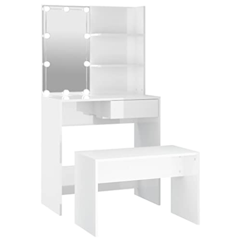 vidaXL Schminktisch Set mit LED Frisiertisch Kommode Frisierkommode Kosmetiktisch Hocker Spiegel Schminkhocker Schlafzimmer Hochglanz-Weiß Holzwerkstoff