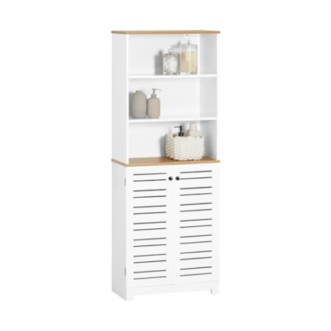 SoBuy BZR44-W Badezimmer Hochschrank Badschrank Aufbewahrungsschrank Badezimmerschrank mit 3 Fächern und 2 Lamellentür Bücherregal Küchenschrank Badmöbel Weiß-Natur BHT ca: 60x160x30cm