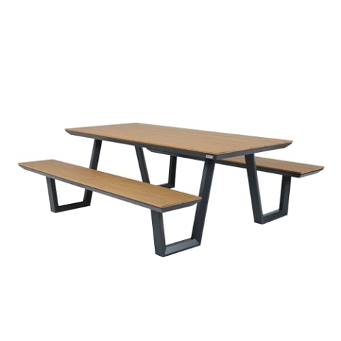 AXI Nori Picknicktisch in Teak Holz Look & Anthrazit für 6 Personen | Picknick Tisch/Picnic Table/Picknickbank für Erwachsene aus Aluminium & Polywood | Set für den Garten | 200 x 190 cm