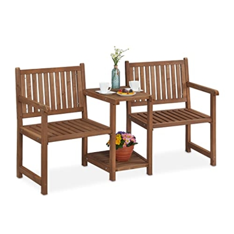 Relaxdays Gartenbank mit integriertem Tisch, 2-Sitzer, robuste Holz Sitzbank, Garten & Balkon, HBT: 86x161x61 cm, braun