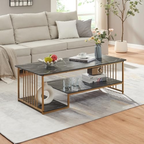 [en.casa] Couchtisch Klibro Sofatisch mit 2 Ablagen Wohnzimmer 120 x 60 x 42 cm eckig Metallgestell Marmoroptik, schwarz/Goldfarben