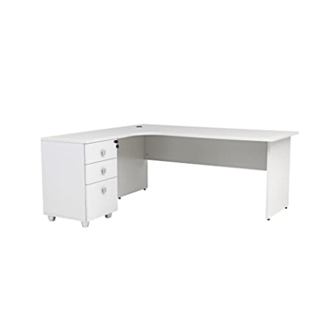furni24 Schreibtisch Winkelschreibtisch, Eckschreibtisch, Moderner Bürotisch Computertisch mit großer Arbeitsfläche, Holzbeinen, Bürotisch, PC Tisch, Dona Grau inkl. Beistellcontainer Links gewinkelt