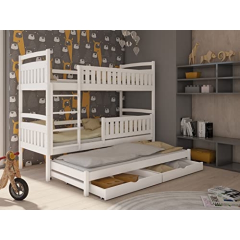 Hochbett Kinderbett 90x200 cm mit Ausziehbett Etagenbett, zwei Schubladen, Lattenrost, Rausfallschutz und drei Matratzen, umbaubar in drei Einzelbetten, in weiß | von 4. bis 18. Lebensjahr
