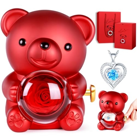 goldmiky Ewige Rosen Bär Geschenkbox mit Halskette, Ewige Rose mit Kette,Rosenbox Geschenk, Rosen Teddybär Geburtstagsgeschenk Halskette Frauen: Muttertag,Valentinstag,Hochzeit,Geburtstag