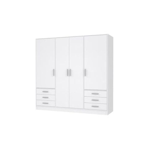 FORTE Jupiter Schrank 200 210, weißer Kleiderschrank, Drehtürenschrank, 4-türig, mit 6 Schubladen und Einlegeböden, Schwarz Weiß, 206.5 cm breit x 60 cm tief x 200 cm hoch