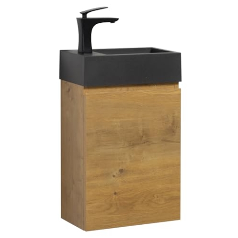WC Badmöbel Angela 40x22 cm Eiche - Schrank Schwarze Waschbecken Badezimmer Toilette