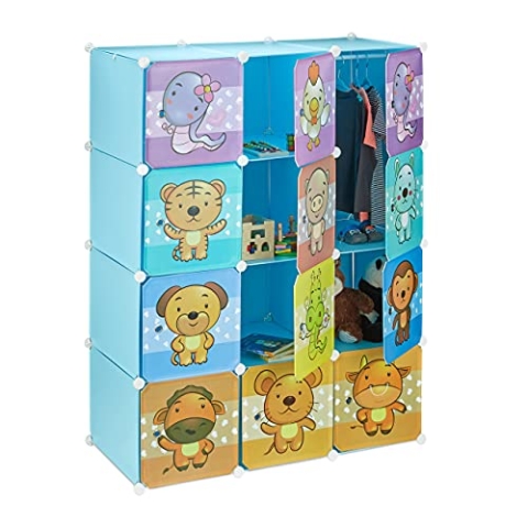 Relaxdays Steckregal Kinderzimmer, Tiermotive, Jungen, Türen, Kleiderstangen, Kunststoff Kleiderschrank, 145x110cm, blau