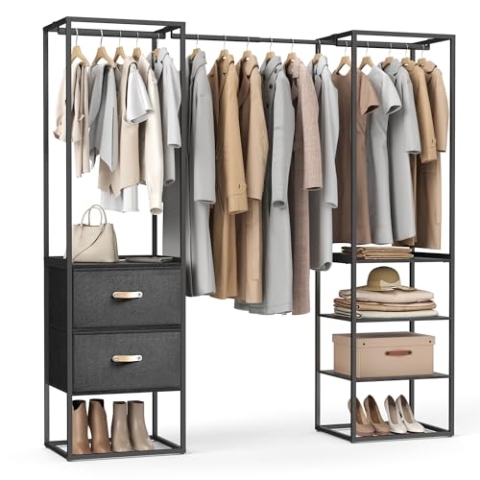 SONGMICS Kleiderständer, offener Kleiderschrank, Garderobenständer hochbelastbar, 1 ausziehbare Stange, 2 Schubladen, 4 Ablagen, für Schlafzimmer, platzsparend, ebenholzschwarz RGR003B56