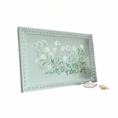 Loberon Dekoboard Sarre, fein handbemalt, florales Motiv, reizend verzierter Rahmen, nostalgischer Look, Antik-Finish, Wandekoration, MDF, Polyresin, grün