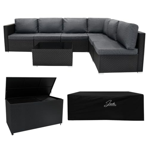 Rattan Gartenmöbel 7-teiliges Set & 996L Aufbewahrungsbox Schwarz 5-Sitzer Sofa Ecksofa Stühle mit Kissen, Tisch, wasserdichte Innenauskleidung, Truhe, Gaslift-Deckel, Rollen, Regenabdeckung