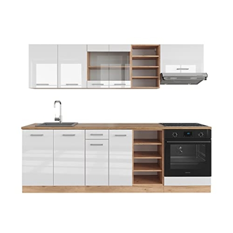 Vicco Küchenzeile R-Line, Weiß Hochglanz/Goldkraft Eiche, 240 cm ohne Arbeitsplatte