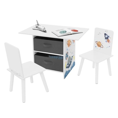 Joyz 3tlg Kindersitzgruppe, 1 Kindertisch mit Stauraum und 2 Stühlen, Weltraum, Weiß, Kindertischgruppe Holz, Kindermöbel Set für Kinder, Schreibtisch Maltisch mit 2 Kinderstühlen für Kinderzimmer