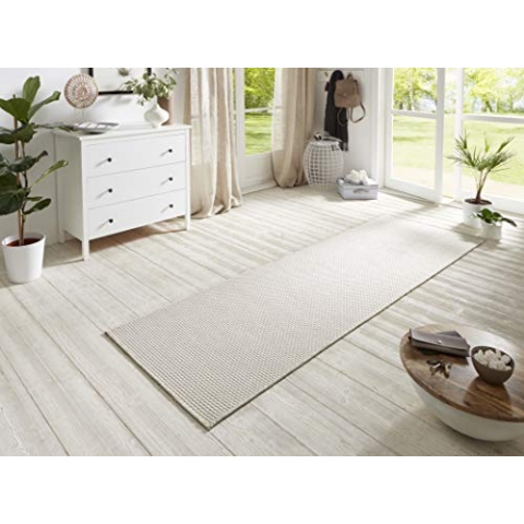 BT Carpet Nature Läufer In- und Outdoor – Schlingen Küchenläufer rutschfest Flachgewebe Kurzflor Woll-Optik Fineloop Küchenteppich für Flur, Küche, Garten, Terrasse, Badezimmer – Ivory, 80x500cm