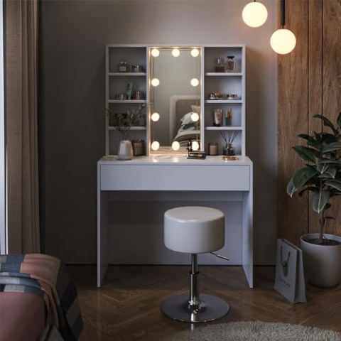 Vicco Schminktisch Alexa, Kosmetiktisch mit Spiegel, Weiß, 93 cm mit LED Beleuchtung