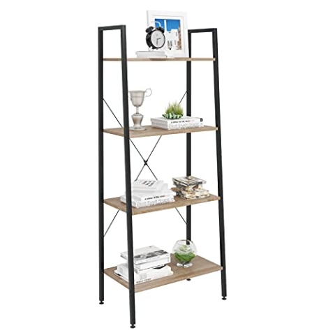WOLTU Standregal Leiterregal Bücherregal mit 4 Ablagen, für Wohnzimmer, Schlafzimmer Hochregal Schwarz + Hell Eiche 60x35x148 cm RGB9283hei