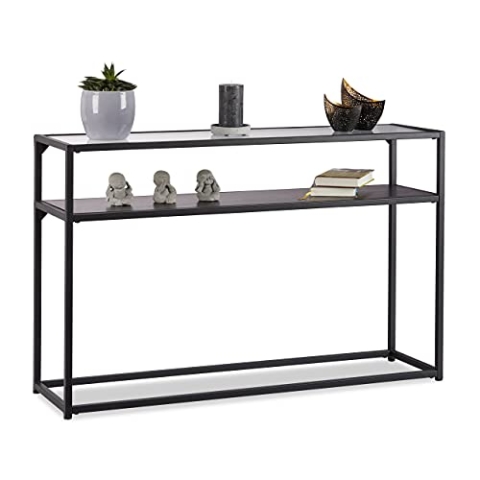 Relaxdays Konsolentisch Glas, transparente Tischplatte, Metallgestell, Ablage, 4-beinig, HxBxT: 70,5x110x30 cm, schwarz