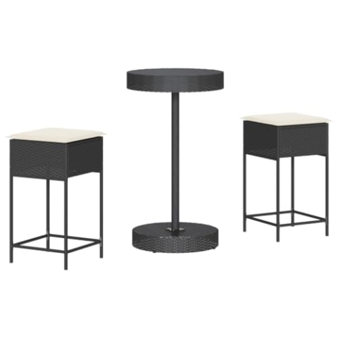 vidaXL Gartenbar Set 3-TLG., Gartenmöbel mit Kissen, Bartisch Stehtisch Barhocker Barstuhl, Theke Bar Tresen Gartentheke Sitzgruppe, Schwarz Poly Rattan