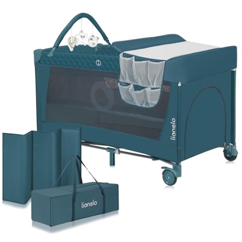 Lionelo Flower 4in1 Reisebett Baby, Laufstall Baby mit Seiteneingang, Wickeltisch, Zwei Matratzenaufhängungshöhen, Spielzeugbogen mit Spielfiguren, Rollen, Tragetasche