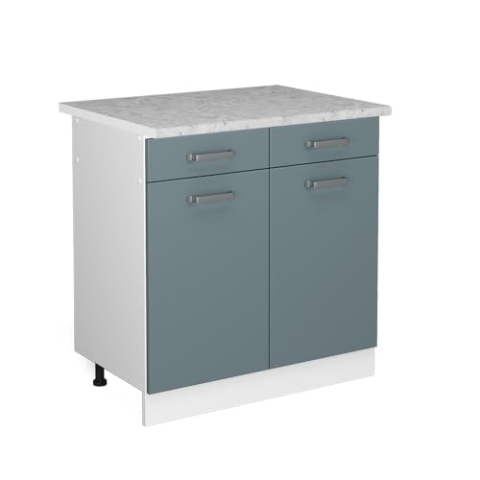Vicco Küchenunterschrank R-Line, Schubladenschrank für die Küche, Blau-Grau/Weiß, 80 cm, AP Marmor