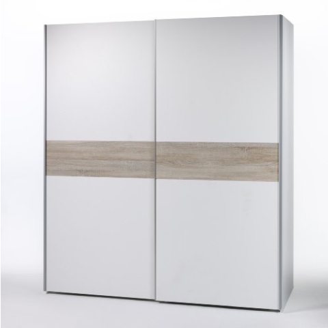 Stella Trading Victor 2 Kleiderschrank, Schwebetürenschrank Holzdekor, Weiß-Bauchbinde Eiche Sonoma, ca. 170 x 195 x 60 cm