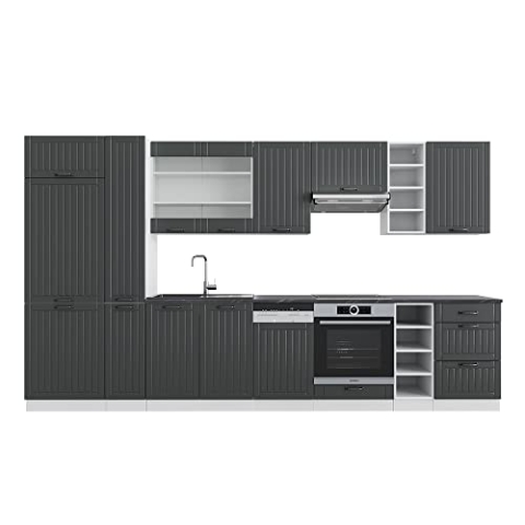 Vicco Küchenzeile Fame-Line, Anthrazit Landhaus/Weiß, 355 cm mit Hochschrank, ohne Arbeitsplatte