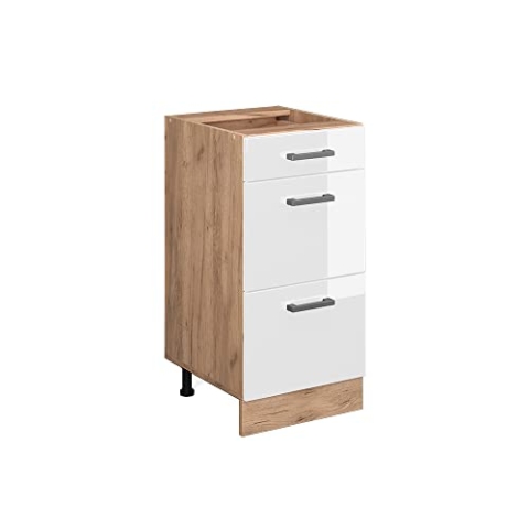 Vicco Küchenunterschrank R-Line, Weiß Hochglanz/Goldkraft Eiche, 40 cm mit Schubladen, ohne Arbeitsplatte