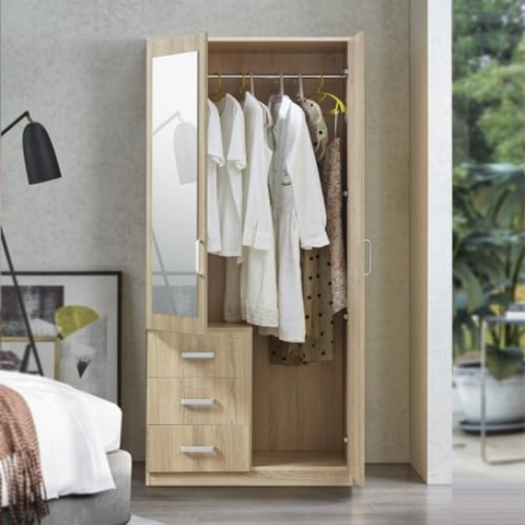 [en.casa] Kleiderschrank Bodolz 2-türig 176 x 80 x 52 cm MDF Garderobenschrank mit 1 Kleiderstange, 1 Spiegel und 3 Schubladen Sonoma-Eiche