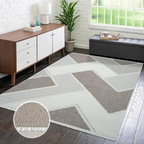 carpet city Teppich Kurzflor Wohnzimmer - Beige - 120x170 cm - Teppiche Fransen Boho-Style - Geometrisches Muster - Schlafzimmer, Esszimmer