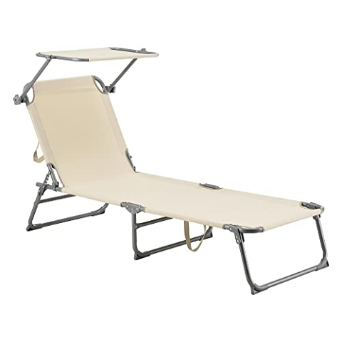 [en.casa] Sonnenliege mit Dach Getaria Liegestuhl klappbar Strandliege bis 115 kg Gartenliege mit Rückenlehne verstellbar Stahlgestell Beige