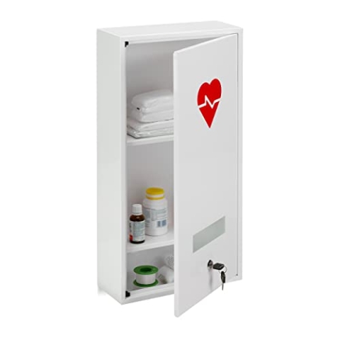 Relaxdays Medizinschrank, abschließbar, 3 Fächer, Stahl, HBT: 60 x 30 x 12 cm, Medikamentenschrank, Arzneischrank, weiß