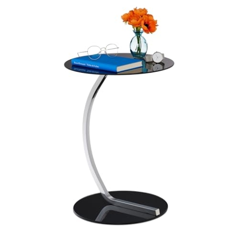 Relaxdays Beistelltisch, rund, für Wohnzimmer, modernes Design, Glas & Stahl, H x D: 55 x 40 cm, Couchtisch, schwarz