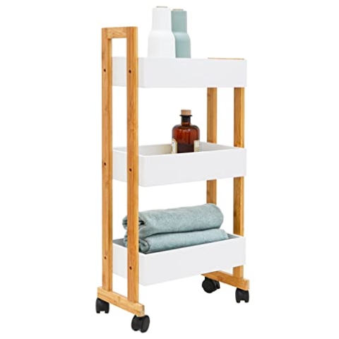 DuneDesign Bambus Nischenregal 20 cm Breit - 38x20x80 Schmales Regal auf Rollen - Nischenschrank Küche Bad Nischenwagen - Regal Schmal Mini Schrank für Nische Badschrank auf Rollen Toiletten Organizer