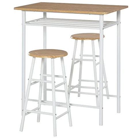 HOMCOM Bartisch Set Bartisch mit 2 Barhockern Essgruppe Küchentisch mit Lagerregal Esstisch für Esszimmer, Küche, Weiß