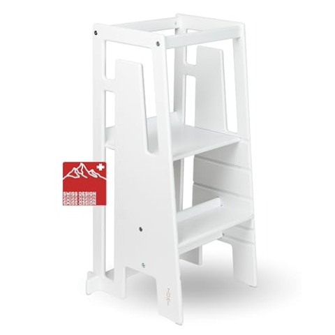 Tuki Lernturm ab 1 Jahr für Kinder Weiß | Höhenverstellbar, hohe Standsicherheit, ergonomisches Design | Langlebiger Montessori Learning Tower hilft bei Motorik & Lernen