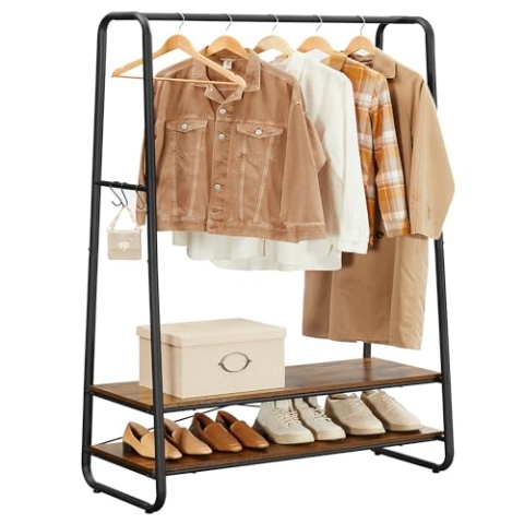VASAGLE Kleiderständer, Garderobenständer, Garderobe, 2 Ablagen, 6 Haken in S-Form, Stahlgestell, 45 x 100 x 160 cm, für Schlafzimmer, Flur, Eingangsbereich, vintagebraun-schwarz RGR112B01