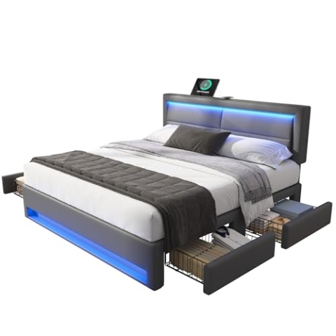 OKYION Polsterbett Funktionelles 140 x 200 cm mit USB-Ladeanschluss(unterstützt kabelloses und kabelgebundenes Laden), Doppelbett Stauraumbett mit LED-Beleuchtung, PU Grau(Ohne Matratze)
