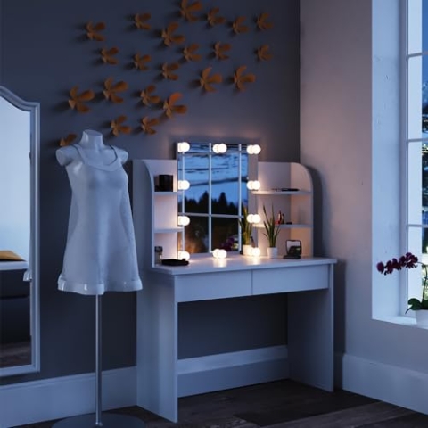 Vicco Schminktisch Charlotte, Kosmetiktisch mit Spiegel, Weiß, 108 cm mit LED Beleuchtung
