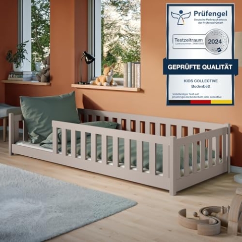 Kinderbett Bodenbett 80x160 cm mit Rausfallschutz & Lattenrost Montessori Bett Bed Gitterbett Kinder Jugendbett Einzelbett optional mit Matratze | Kaschmir weitere Größen 90x200 | 120x200 | 140x200 cm