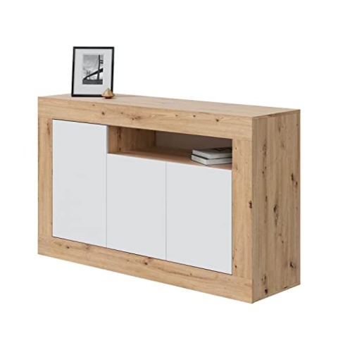Habitdesign Buffet-Schrank mit 3 Türen für Wohnzimmer, Beistellschrank, Modell Baltik, Finish in Artikweiß und Nodi-Eiche, Maße: 144 cm (Breite) x 87 cm (Höhe) x 42 cm (Tiefe), groß (016628W)