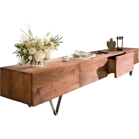 DELIFE TV-Board Wyatt Akazie Braun 220 cm 4 Schübe V-Fuß Edelstahl