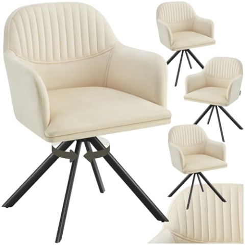 tectake® 4 x Esszimmerstuhl drehbar, Armlehnstuhl drehbar, ergonomischer Stuhl Samt, Stühle für Esszimmer, Möbel für Wohnzimmer, Arbeitszimmer, Esstisch, Schminktisch - 4er Set - Creme/schwarz