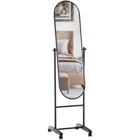 CLP Standspiegel Nane Oval I Stehspiegel 155x40 cm I Für Wohnzimmer Oder Schlafzimmer I Neigbar, 360° Drehbar I Ganzkörperspiegel Mit Rollen, Farbe:schwarz